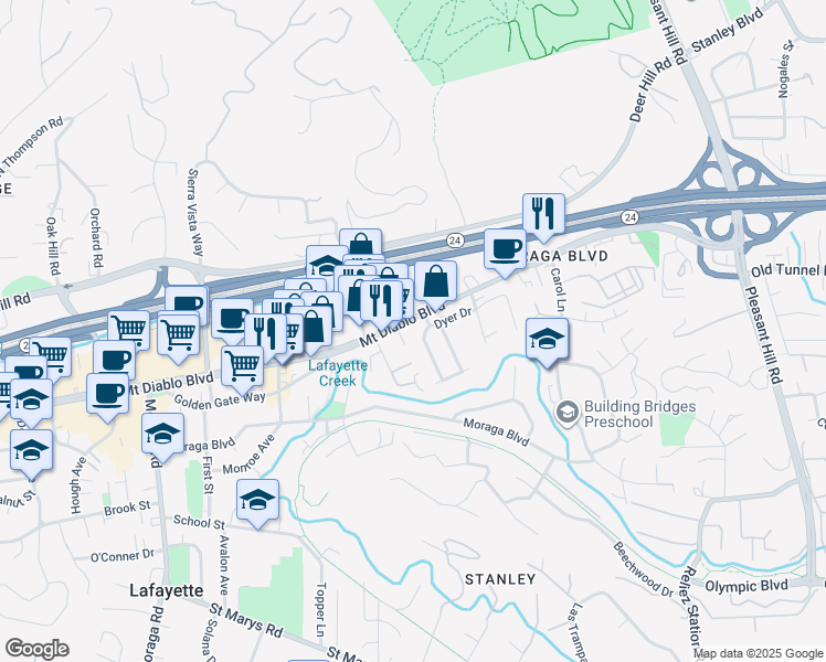 map of restaurants, bars, coffee shops, grocery stores, and more near 1006 Almanor Lane in Lafayette