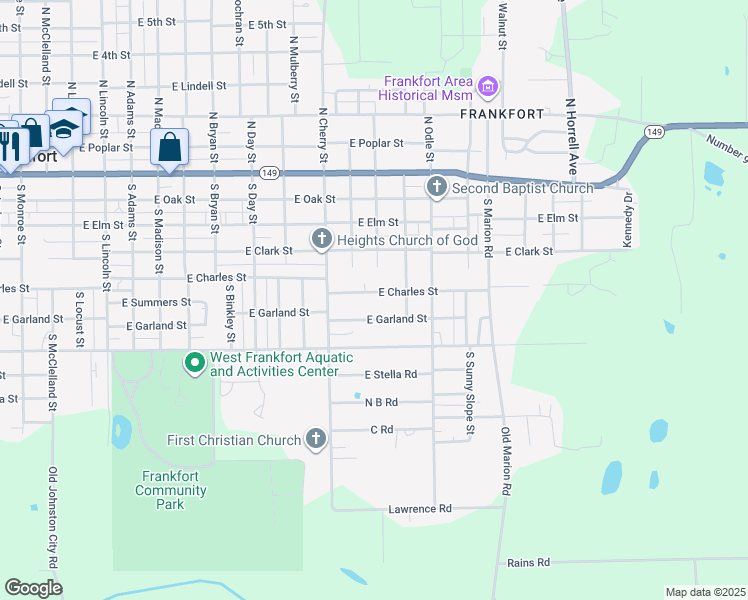 map of restaurants, bars, coffee shops, grocery stores, and more near 1500-1698 East Garland Street in West Frankfort