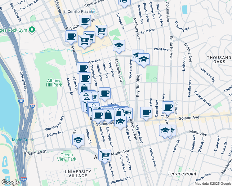 map of restaurants, bars, coffee shops, grocery stores, and more near 714 Evelyn Avenue in Albany
