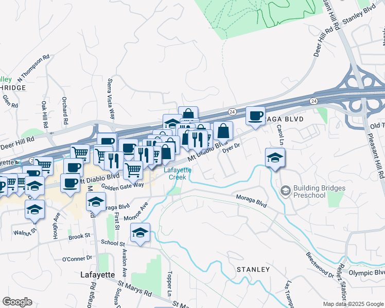 map of restaurants, bars, coffee shops, grocery stores, and more near 900 Brown Avenue in Lafayette