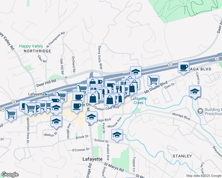 map of restaurants, bars, coffee shops, grocery stores, and more near 3480 Mount Diablo Boulevard in Lafayette