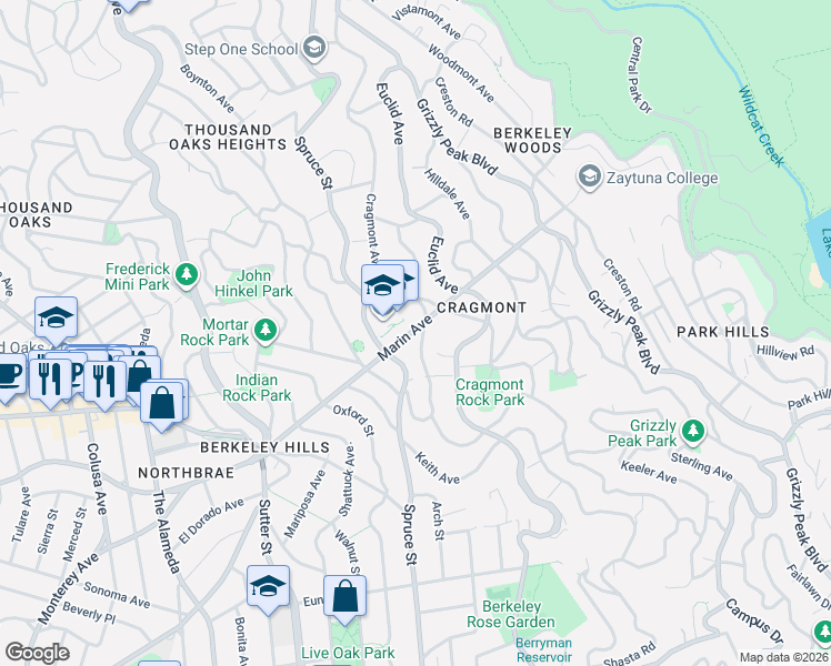 map of restaurants, bars, coffee shops, grocery stores, and more near 2370 Marin Avenue in Berkeley
