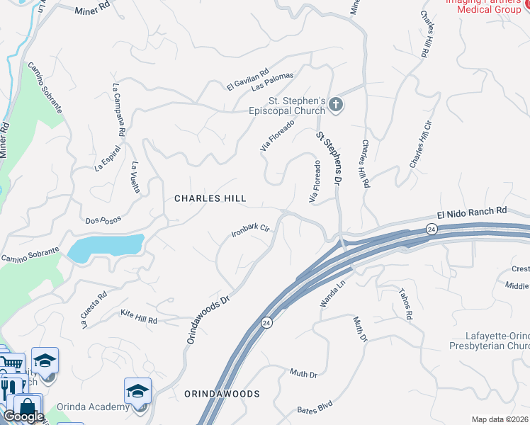 map of restaurants, bars, coffee shops, grocery stores, and more near 37 East Altarinda Drive in Orinda