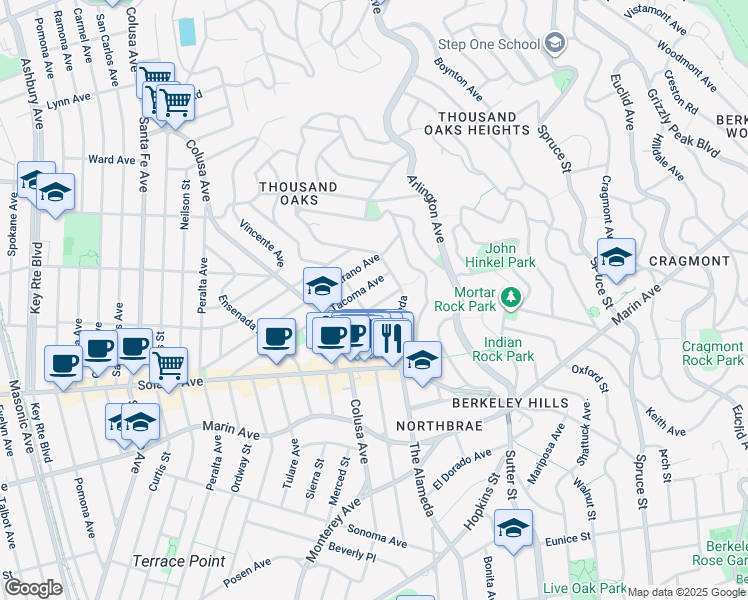 map of restaurants, bars, coffee shops, grocery stores, and more near 1865 San Pedro Avenue in Berkeley