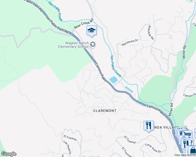 map of restaurants, bars, coffee shops, grocery stores, and more near 15 Los Amigos Court in Orinda