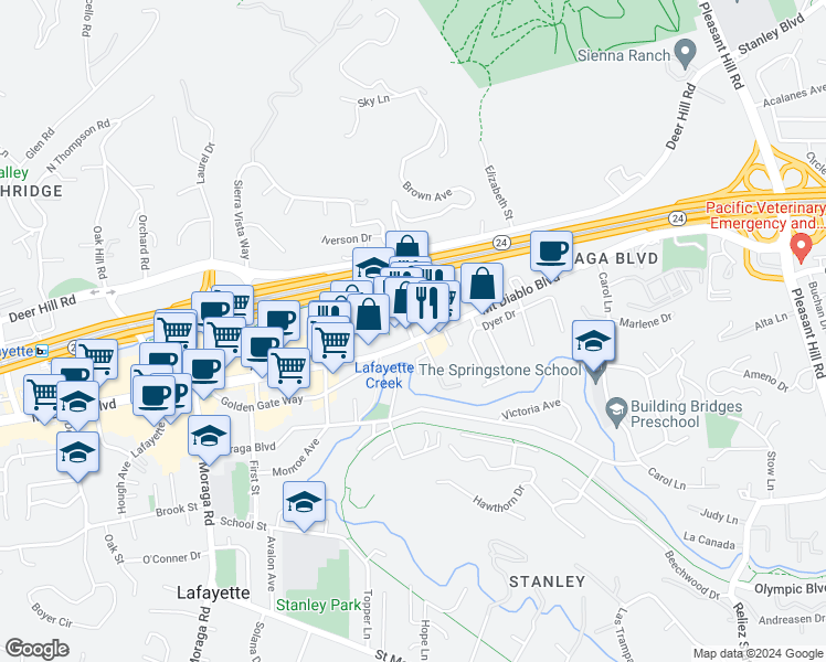 map of restaurants, bars, coffee shops, grocery stores, and more near 900 Brown Avenue in Lafayette