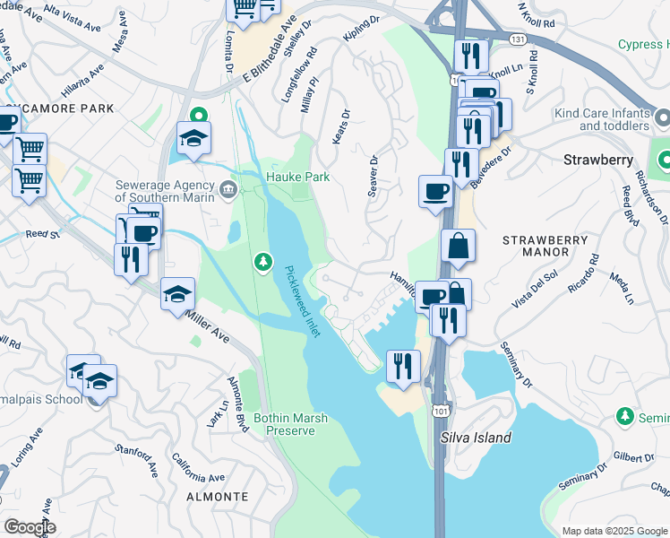 map of restaurants, bars, coffee shops, grocery stores, and more near 97 Eucalyptus Knoll Street in Mill Valley