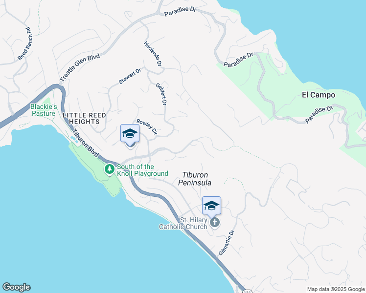 map of restaurants, bars, coffee shops, grocery stores, and more near 165 Avenida Miraflores in Tiburon