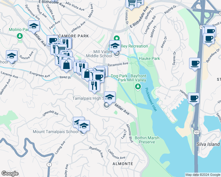 map of restaurants, bars, coffee shops, grocery stores, and more near 40 Camino Alto in Mill Valley