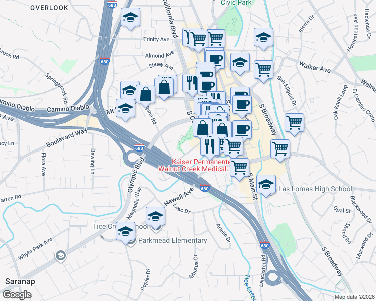 map of restaurants, bars, coffee shops, grocery stores, and more near 1700 Botelho Drive in Walnut Creek