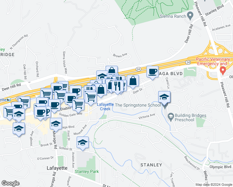 map of restaurants, bars, coffee shops, grocery stores, and more near 922 Brown Avenue in Lafayette