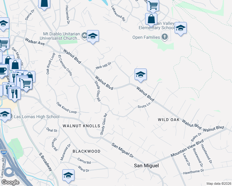 map of restaurants, bars, coffee shops, grocery stores, and more near 4008 Walnut Boulevard in Walnut Creek