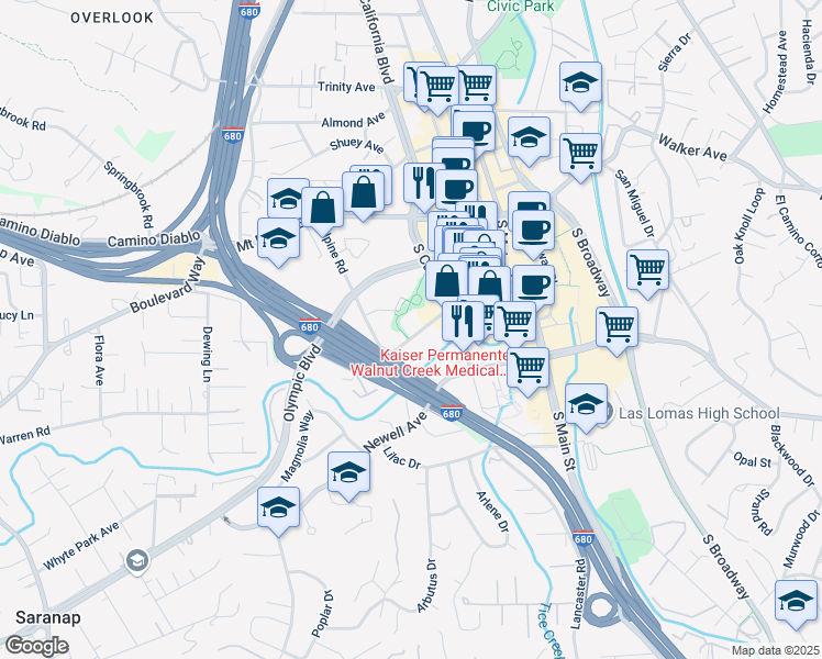 map of restaurants, bars, coffee shops, grocery stores, and more near 1330 Alma Avenue in Walnut Creek