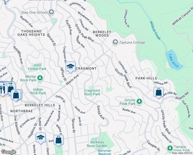 map of restaurants, bars, coffee shops, grocery stores, and more near 921 Euclid Avenue in Berkeley