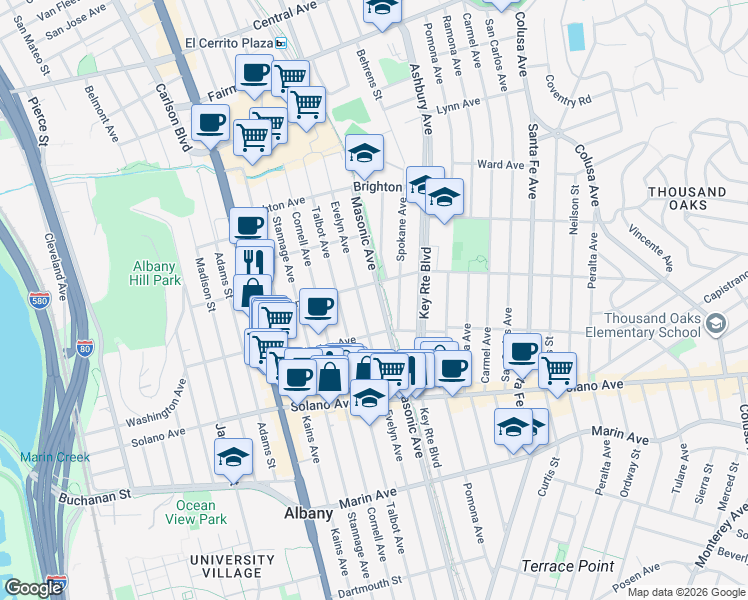 map of restaurants, bars, coffee shops, grocery stores, and more near 712 Masonic Avenue in Albany