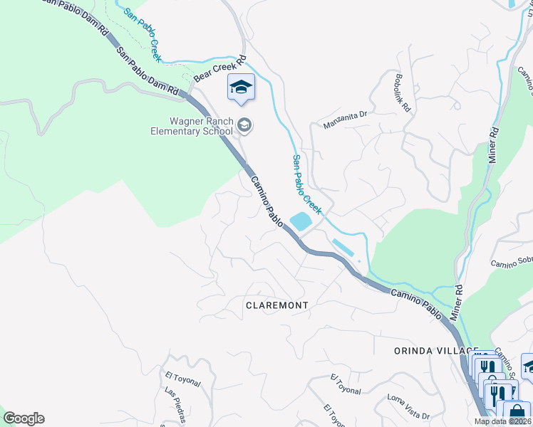 map of restaurants, bars, coffee shops, grocery stores, and more near 7 Los Amigos Court in Orinda