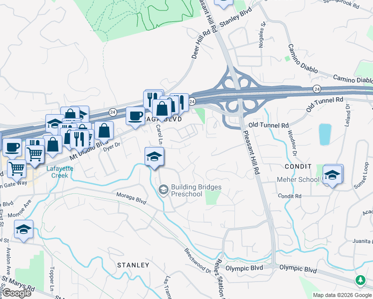 map of restaurants, bars, coffee shops, grocery stores, and more near 3259 Marlene Drive in Lafayette