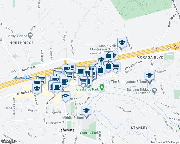 map of restaurants, bars, coffee shops, grocery stores, and more near 1037 2nd Street in Lafayette