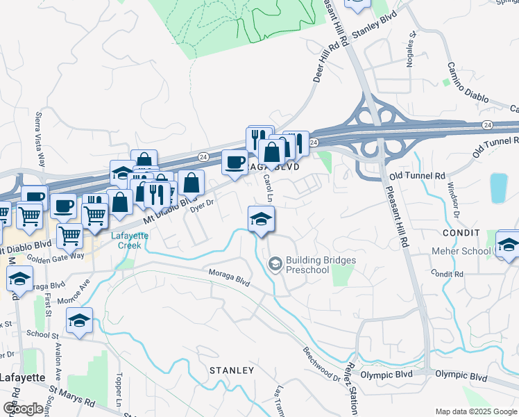map of restaurants, bars, coffee shops, grocery stores, and more near 3303 Berta Lane in Lafayette