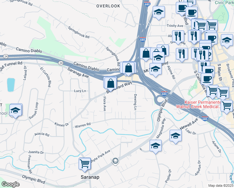 map of restaurants, bars, coffee shops, grocery stores, and more near 1202 Boulevard Way in Walnut Creek
