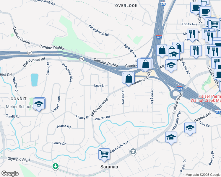 map of restaurants, bars, coffee shops, grocery stores, and more near 1172 Saranap Avenue in Walnut Creek