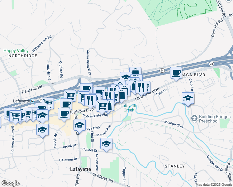 map of restaurants, bars, coffee shops, grocery stores, and more near 1036 Second Street in Lafayette