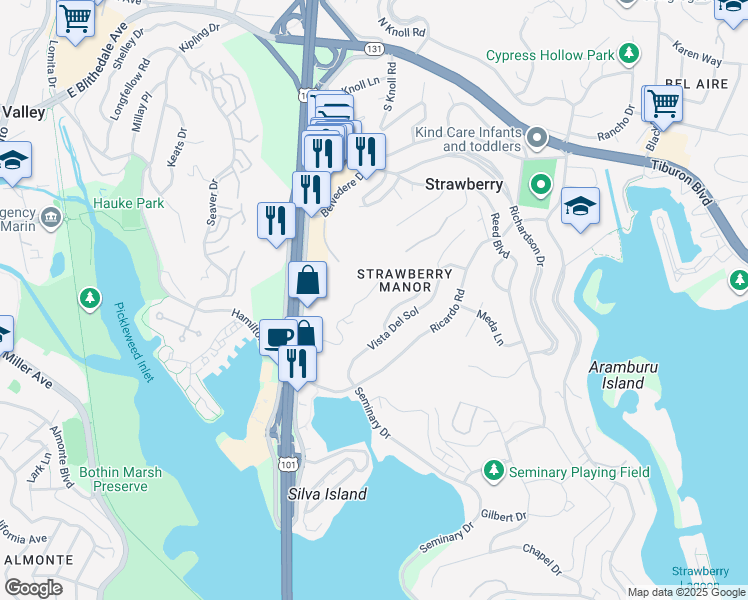 map of restaurants, bars, coffee shops, grocery stores, and more near 74 Milland Drive in Mill Valley
