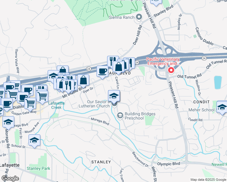 map of restaurants, bars, coffee shops, grocery stores, and more near 3303 Berta Lane in Lafayette