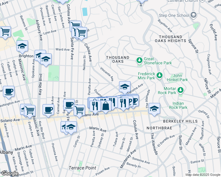 map of restaurants, bars, coffee shops, grocery stores, and more near 1775 San Lorenzo Avenue in Berkeley