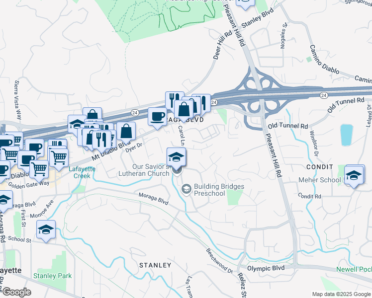 map of restaurants, bars, coffee shops, grocery stores, and more near 3293 Marlene Drive in Lafayette
