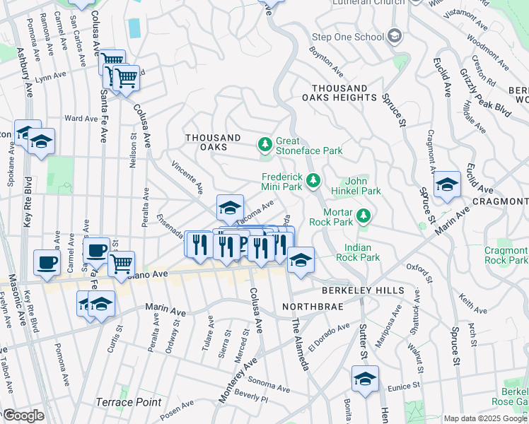 map of restaurants, bars, coffee shops, grocery stores, and more near 1866 Tacoma Avenue in Berkeley