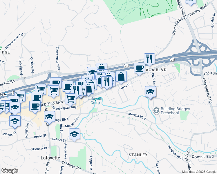 map of restaurants, bars, coffee shops, grocery stores, and more near 3400 Mount Diablo Boulevard in Lafayette