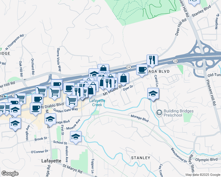map of restaurants, bars, coffee shops, grocery stores, and more near 3396 Mount Diablo Boulevard in Lafayette