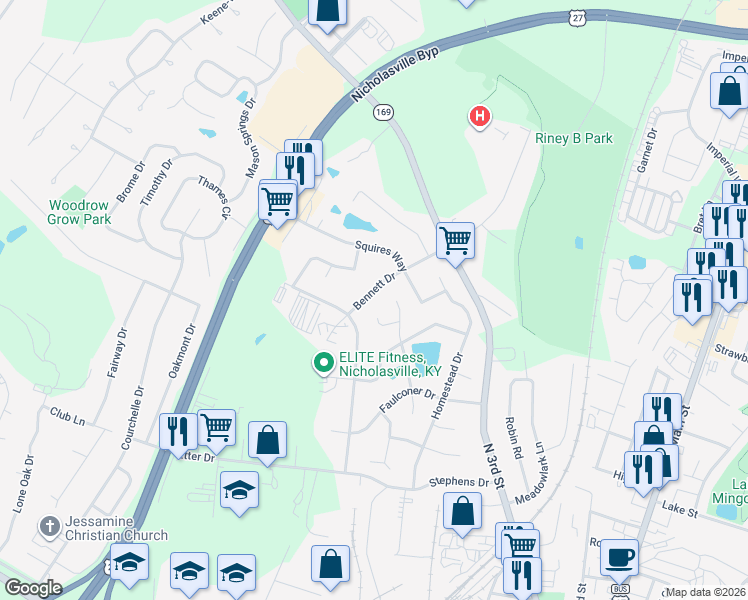 map of restaurants, bars, coffee shops, grocery stores, and more near 317 Bennett Drive in Nicholasville