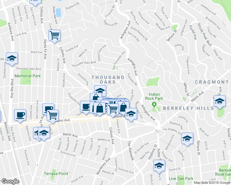 map of restaurants, bars, coffee shops, grocery stores, and more near 1866 Tacoma Avenue in Berkeley