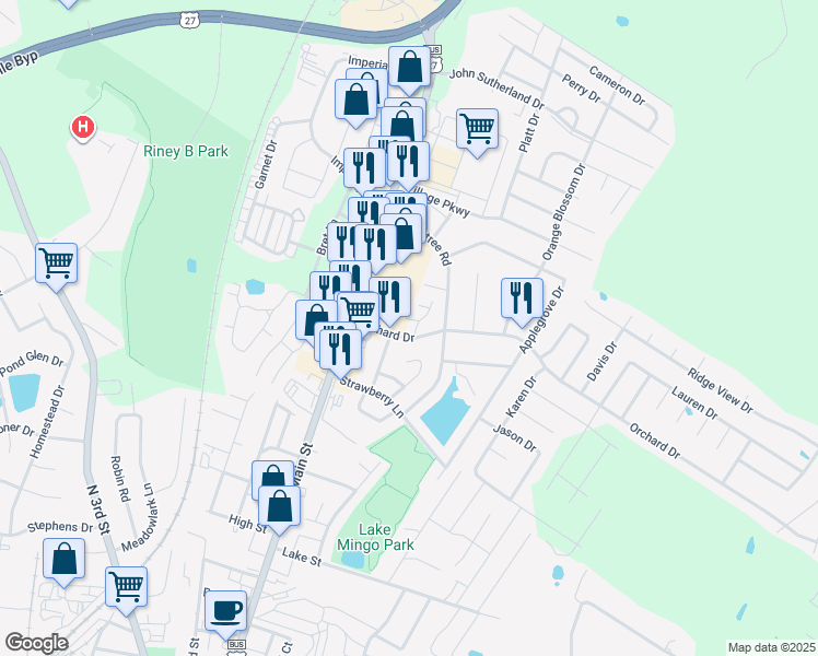 map of restaurants, bars, coffee shops, grocery stores, and more near 201 Orchard Drive in Nicholasville