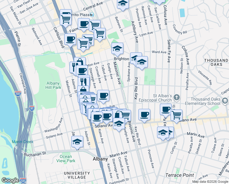 map of restaurants, bars, coffee shops, grocery stores, and more near 1236 Portland Avenue in Albany