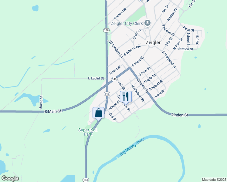 map of restaurants, bars, coffee shops, grocery stores, and more near 406 South Main Street in Zeigler