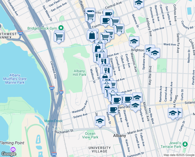map of restaurants, bars, coffee shops, grocery stores, and more near 650 Adams Street in Albany