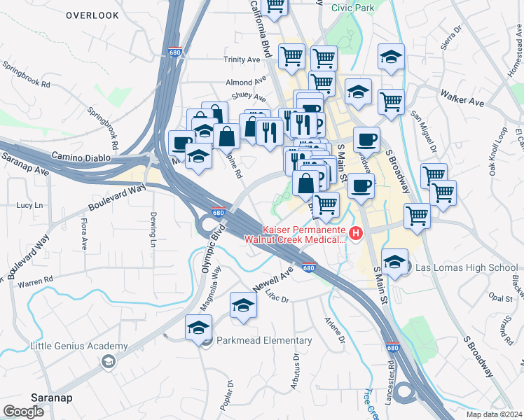 map of restaurants, bars, coffee shops, grocery stores, and more near 1310 Alma Avenue in Walnut Creek