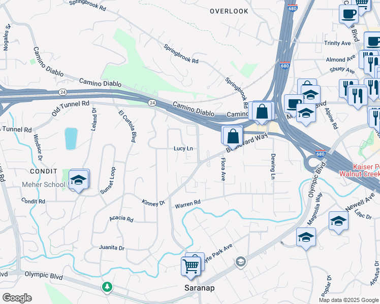map of restaurants, bars, coffee shops, grocery stores, and more near 2538 Lucy Lane in Walnut Creek