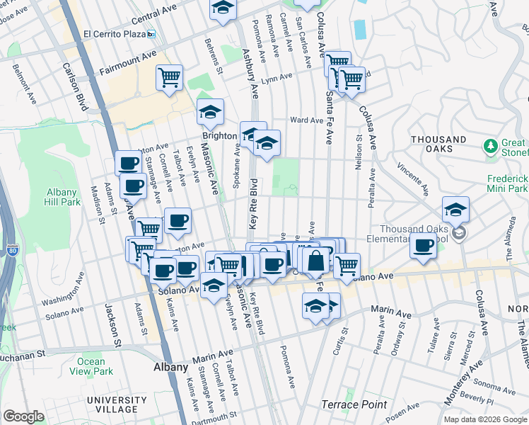 map of restaurants, bars, coffee shops, grocery stores, and more near 710 Pomona Avenue in Albany