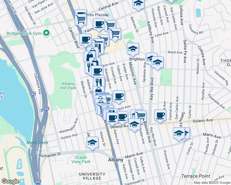 map of restaurants, bars, coffee shops, grocery stores, and more near 627 Stannage Avenue in Albany