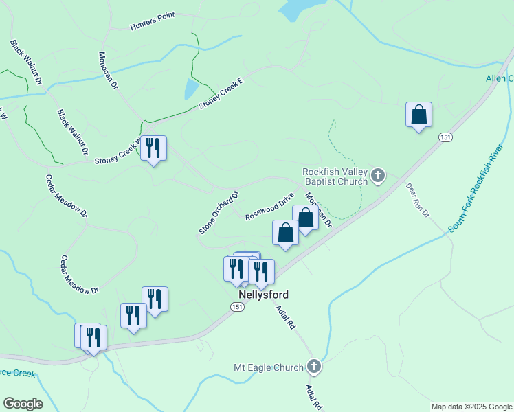 map of restaurants, bars, coffee shops, grocery stores, and more near 170 Rosewood Drive in Nellysford