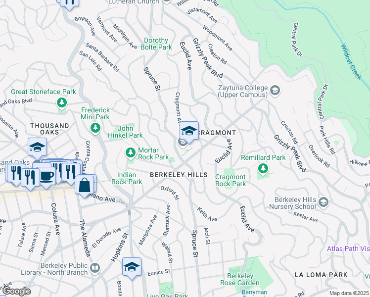 map of restaurants, bars, coffee shops, grocery stores, and more near 830 Regal Road in Berkeley