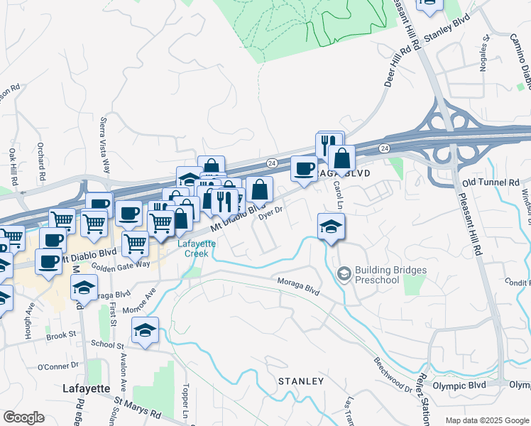 map of restaurants, bars, coffee shops, grocery stores, and more near 3375 Mount Diablo Boulevard in Lafayette