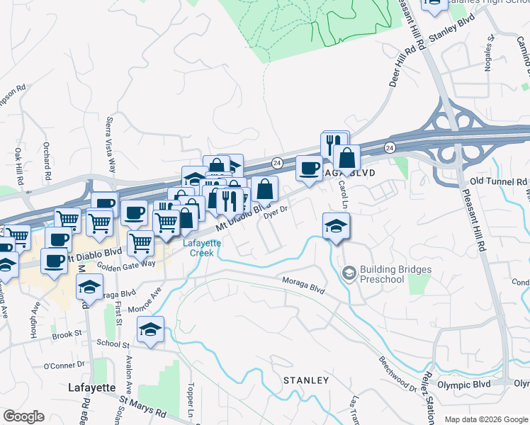 map of restaurants, bars, coffee shops, grocery stores, and more near 3375 Mount Diablo Boulevard in Lafayette