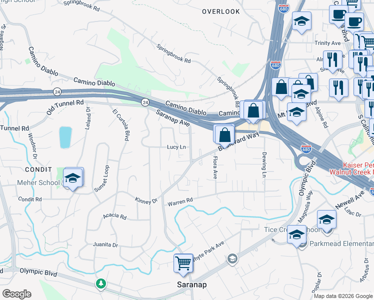 map of restaurants, bars, coffee shops, grocery stores, and more near 2531 Lucy Lane in Walnut Creek