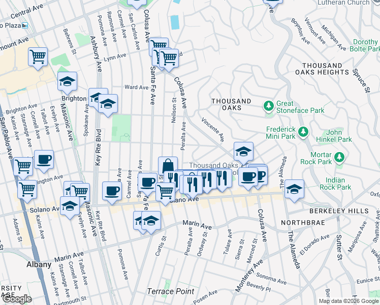 map of restaurants, bars, coffee shops, grocery stores, and more near 734 Ensenada Avenue in Berkeley