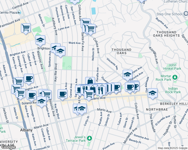 map of restaurants, bars, coffee shops, grocery stores, and more near 706 Peralta Avenue in Berkeley